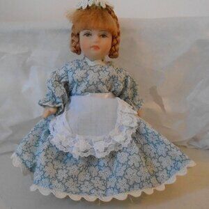 Vintage 5"T All Bisque Jointed Doll Long Sleeve Dress & Apron Braided Red Hair